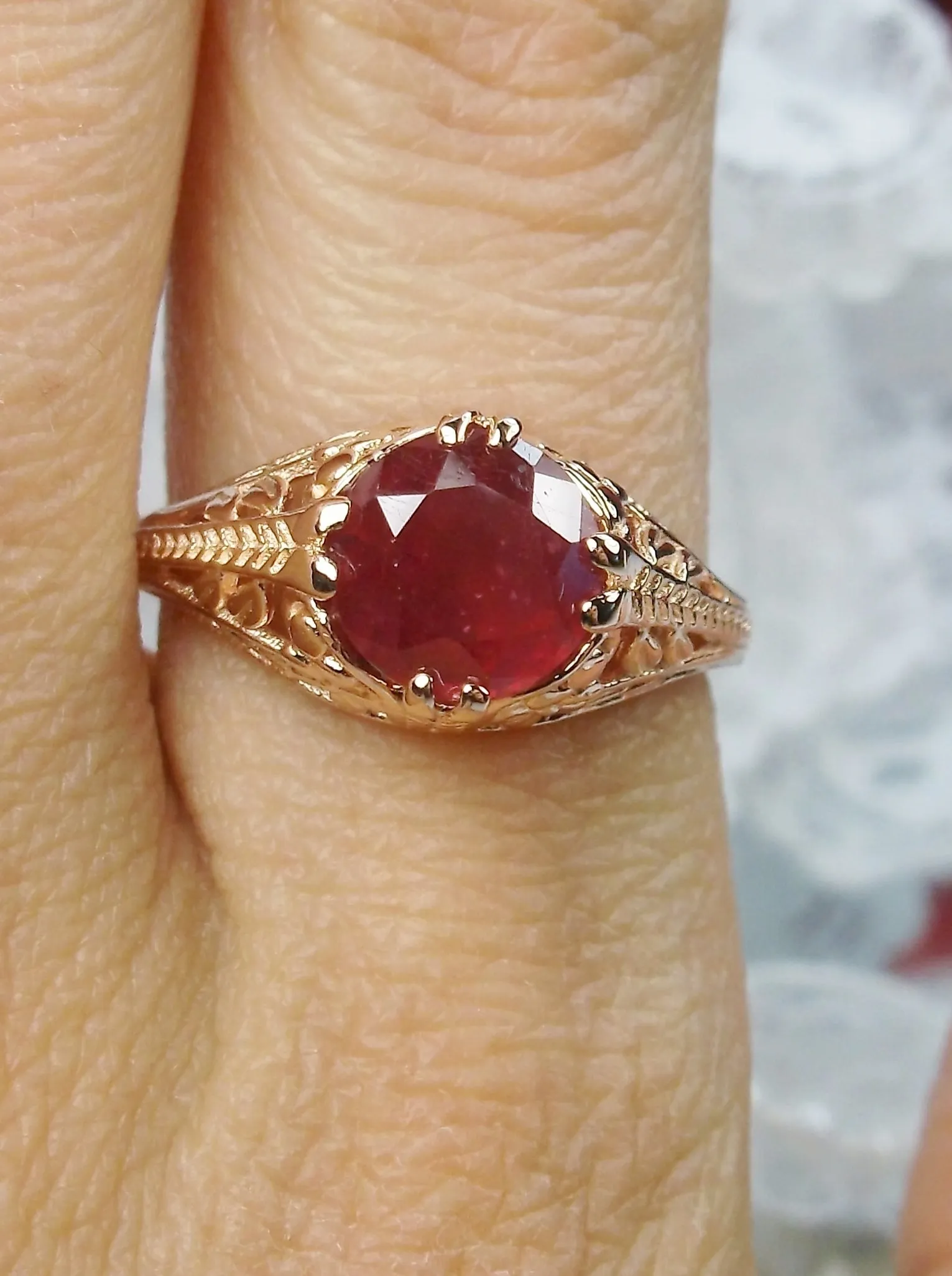 Natural Ruby Ring, Rose Gold plated Sterling Silver, Deco 2Fleur, Victorian Revival Jewelry #D159