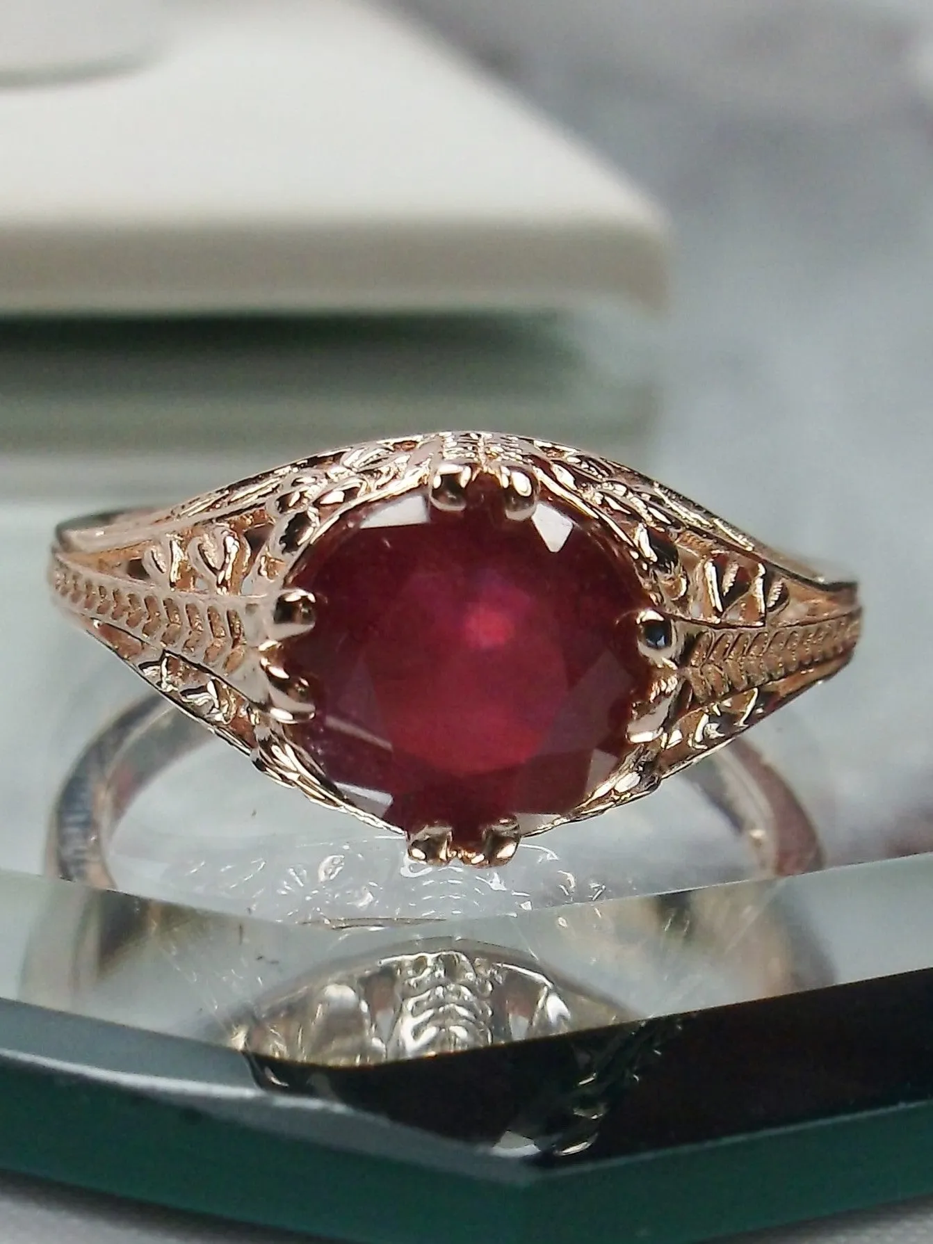 Natural Ruby Ring, Rose Gold plated Sterling Silver, Deco 2Fleur, Victorian Revival Jewelry #D159