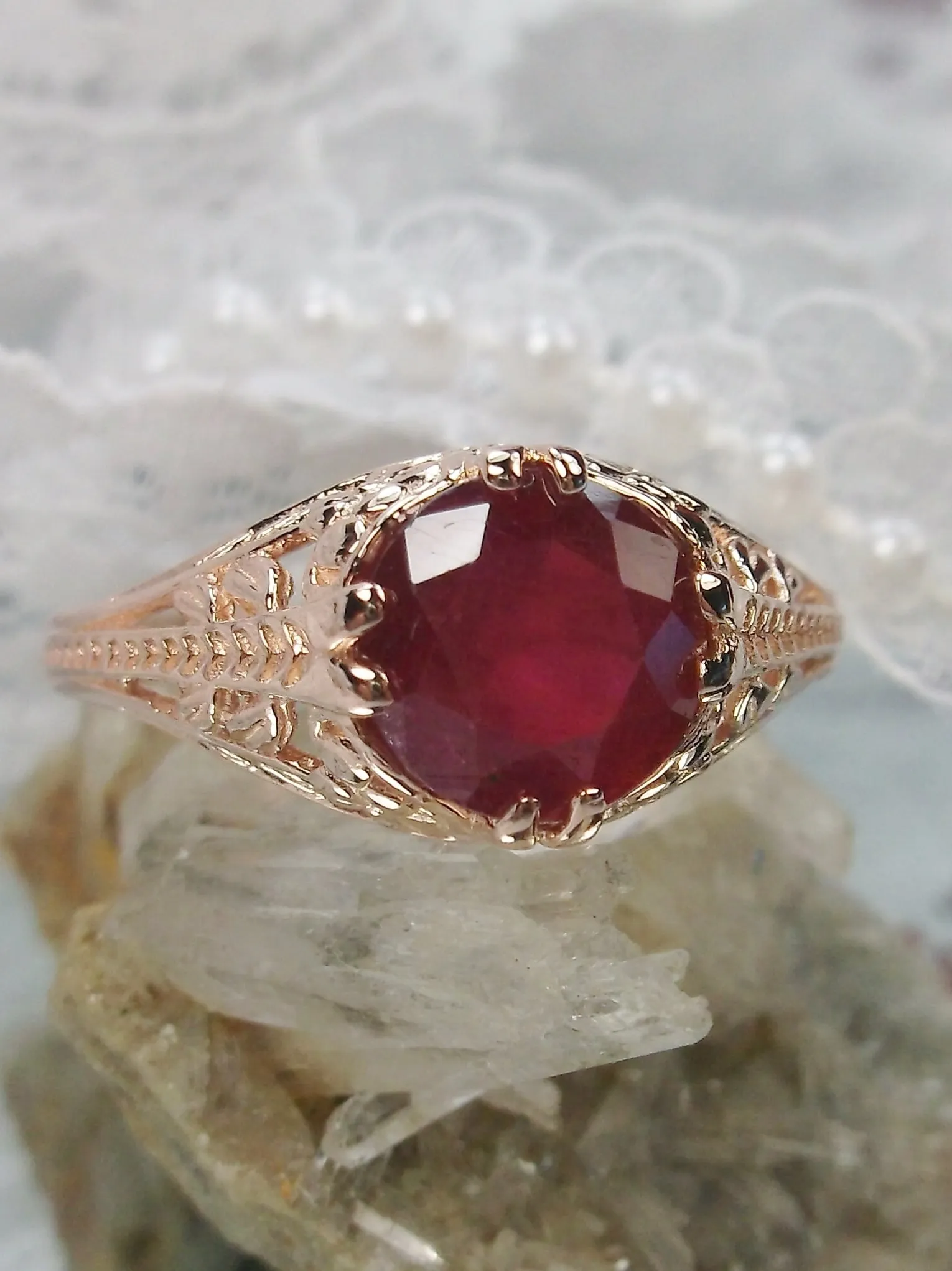 Natural Ruby Ring, Rose Gold plated Sterling Silver, Deco 2Fleur, Victorian Revival Jewelry #D159