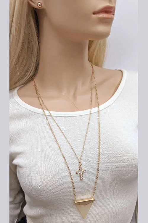 Necklace and Earrings Jewelry Set Gold Cross and Arrow Pendant