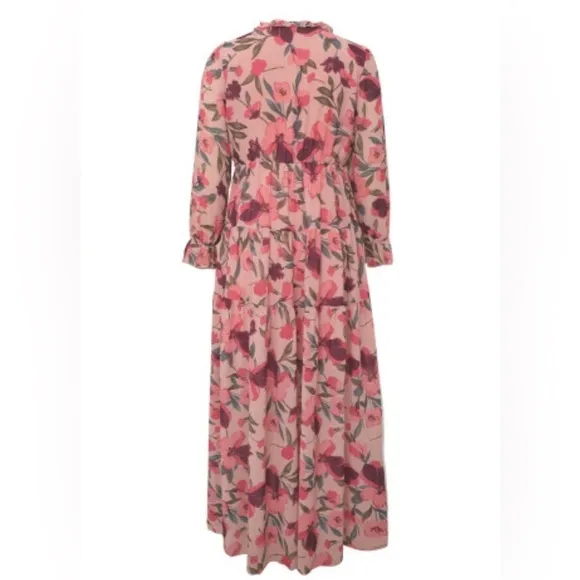 NEW Coral Red And Green Floral Long Sleeve Sheer Overlay Ruffle Maxi Dress