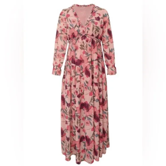 NEW Coral Red And Green Floral Long Sleeve Sheer Overlay Ruffle Maxi Dress