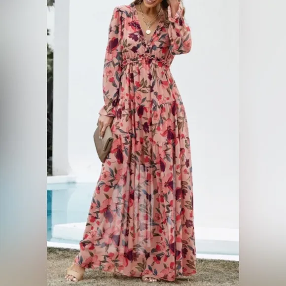 NEW Coral Red And Green Floral Long Sleeve Sheer Overlay Ruffle Maxi Dress