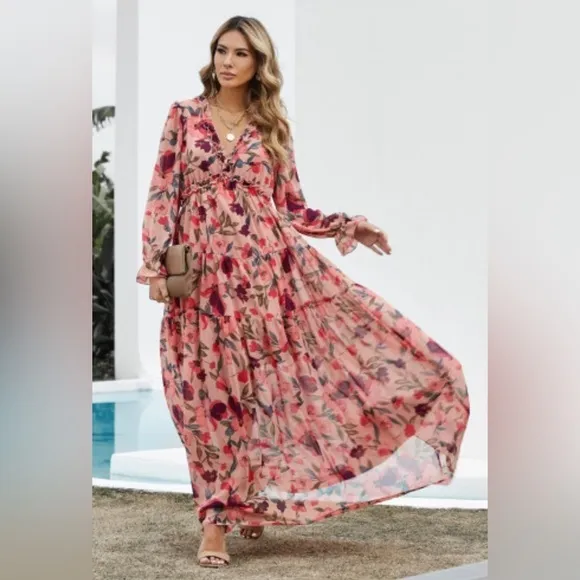 NEW Coral Red And Green Floral Long Sleeve Sheer Overlay Ruffle Maxi Dress