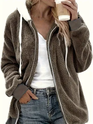 New Women's Zip-up Plush Hoodie - Cozy Long Sleeve Drawstring Hoodie Coat in Khaki, Sz 2XL
