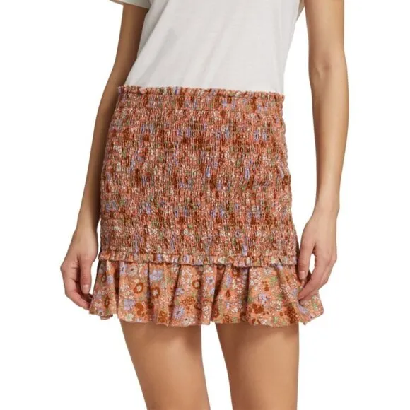 NWT Veronica Beard Melodie Floral Mini Skirt Coral Smocked Ruffle Size 4
