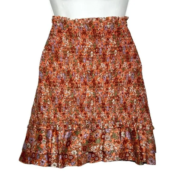 NWT Veronica Beard Melodie Floral Mini Skirt Coral Smocked Ruffle Size 4
