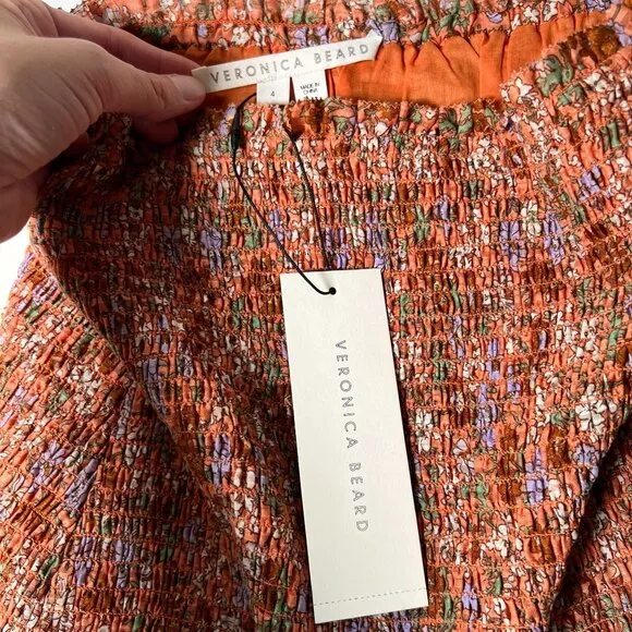 NWT Veronica Beard Melodie Floral Mini Skirt Coral Smocked Ruffle Size 4