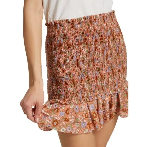 NWT Veronica Beard Melodie Floral Mini Skirt Coral Smocked Ruffle Size 4