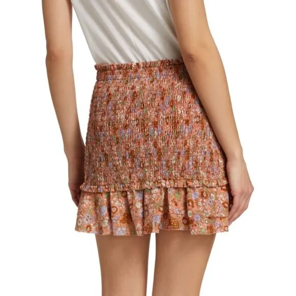 NWT Veronica Beard Melodie Floral Mini Skirt Coral Smocked Ruffle Size 4