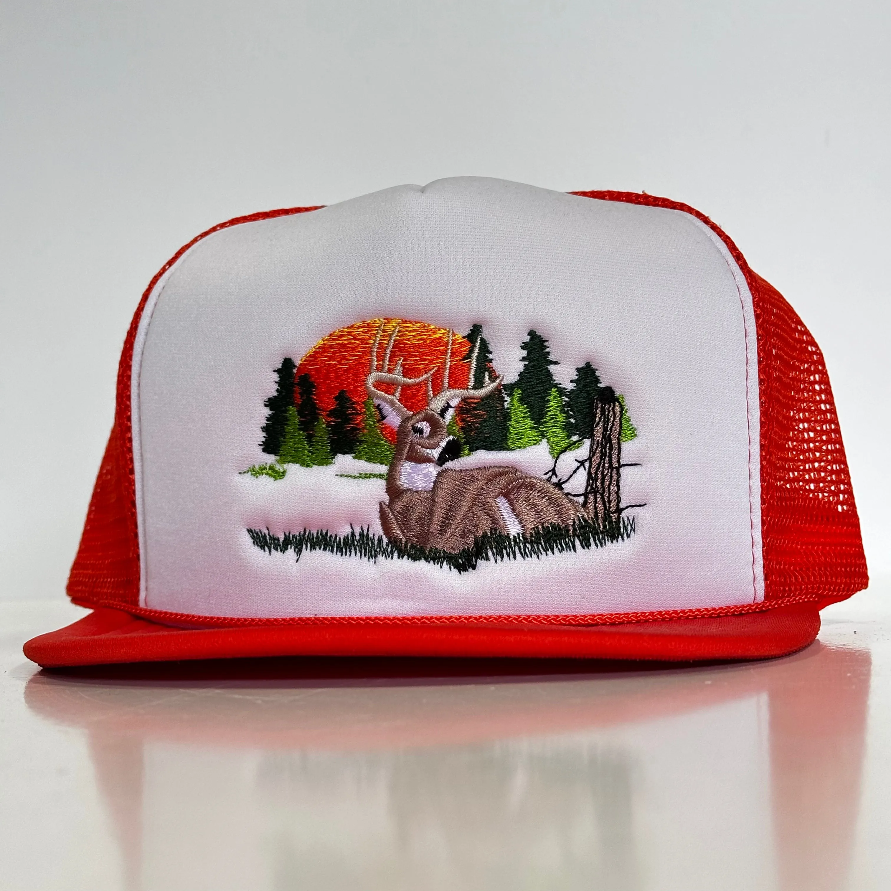 Old School Deer Deer Scene Orange Hunting Hat Vintage 90s Mesh Back Trucker SnapBack Custom Embroidered