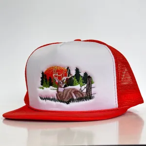 Old School Deer Deer Scene Orange Hunting Hat Vintage 90s Mesh Back Trucker SnapBack Custom Embroidered