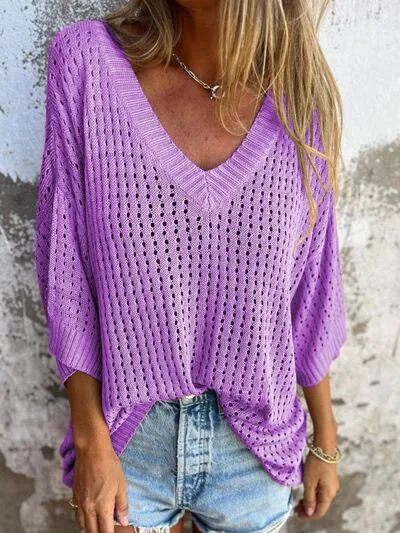 Openwork V-Neck Knit Cover Up Plus Size