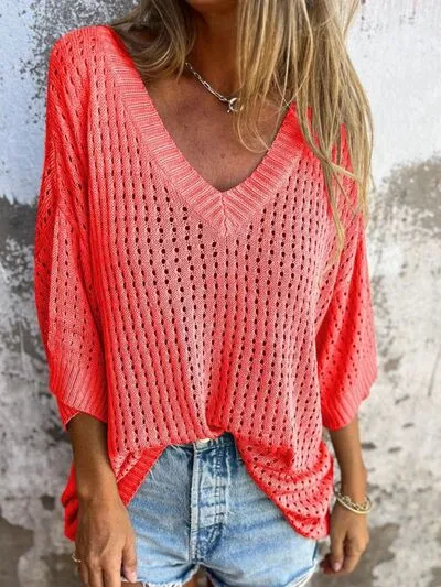 Openwork V-Neck Knit Cover Up Plus Size