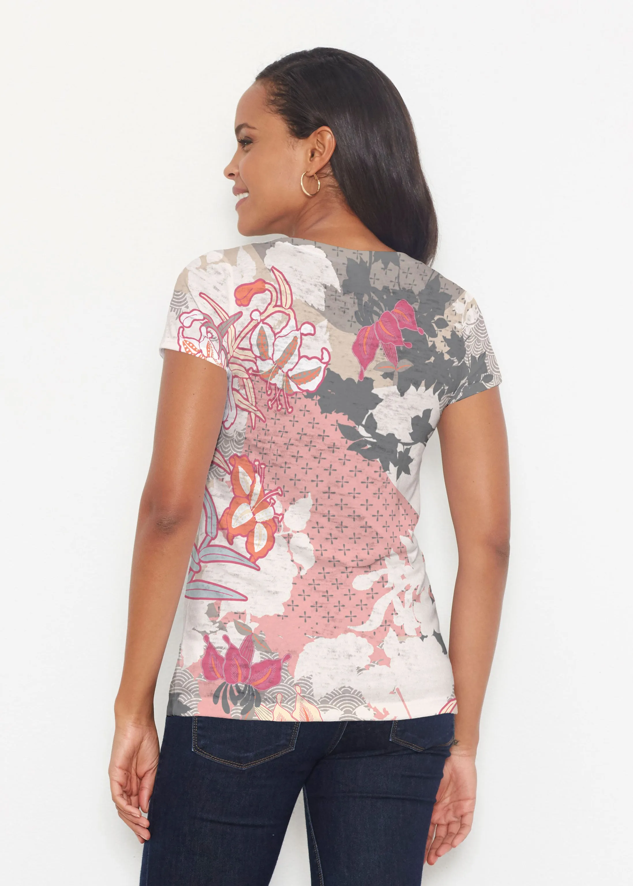 Oriental Floral Grey (7876) ~ Short Sleeve Scoop Shirt