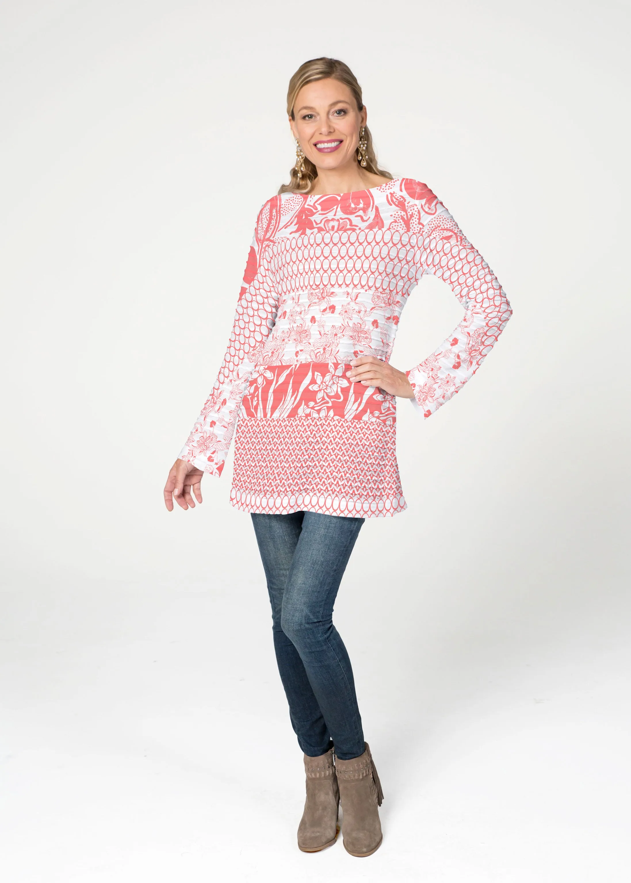 Patchwork Coral (7900) ~ Banded Boatneck Tunic
