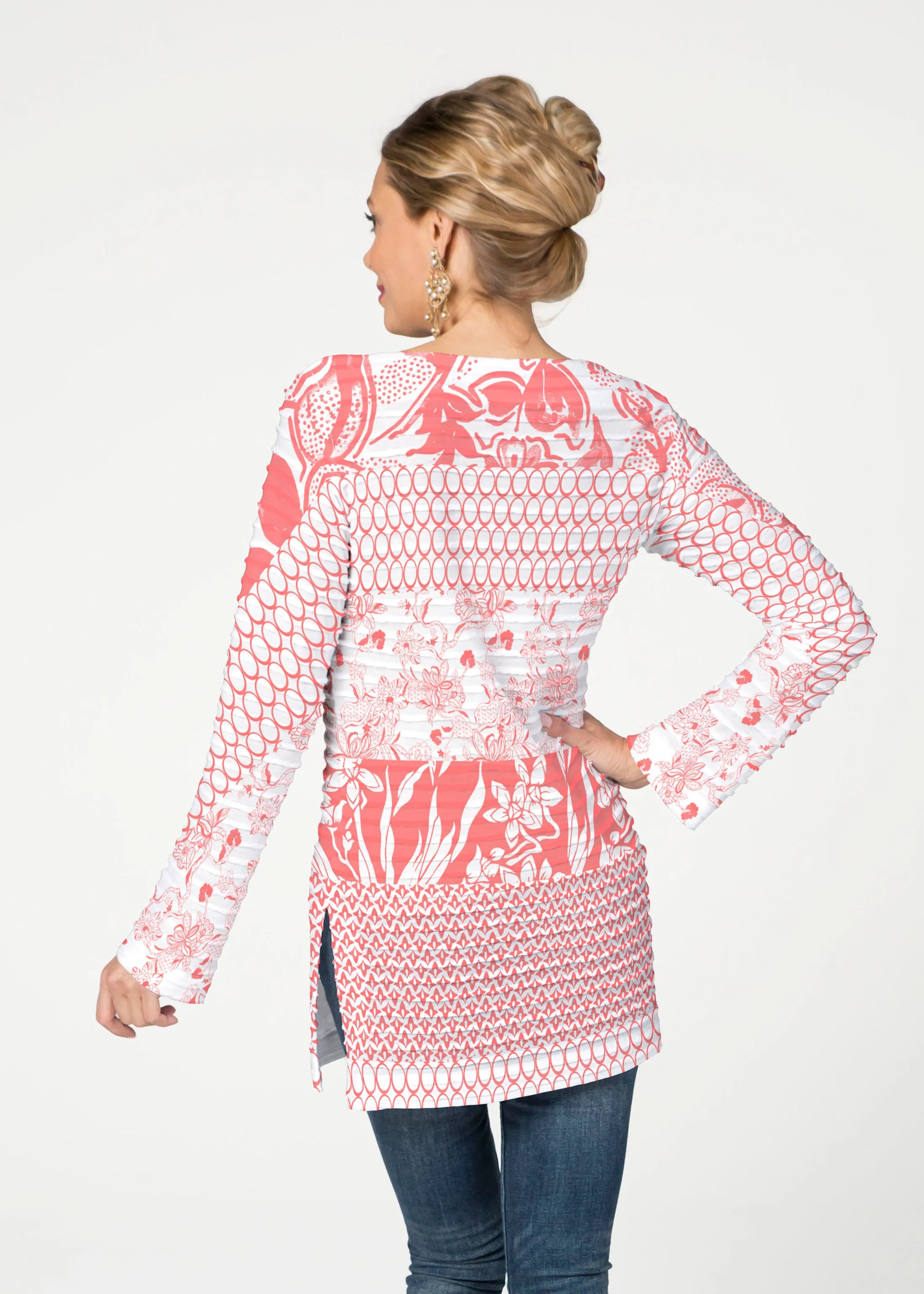 Patchwork Coral (7900) ~ Banded Boatneck Tunic