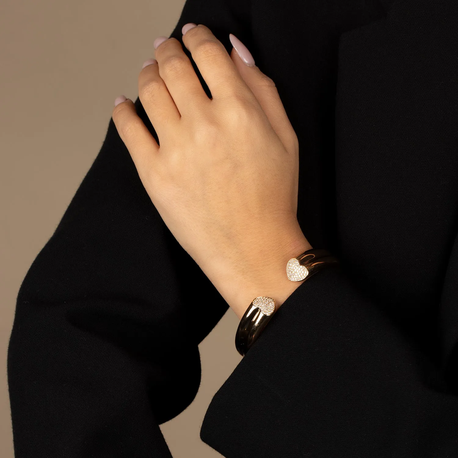 Pave Heart Open Claw Bangle Bracelet