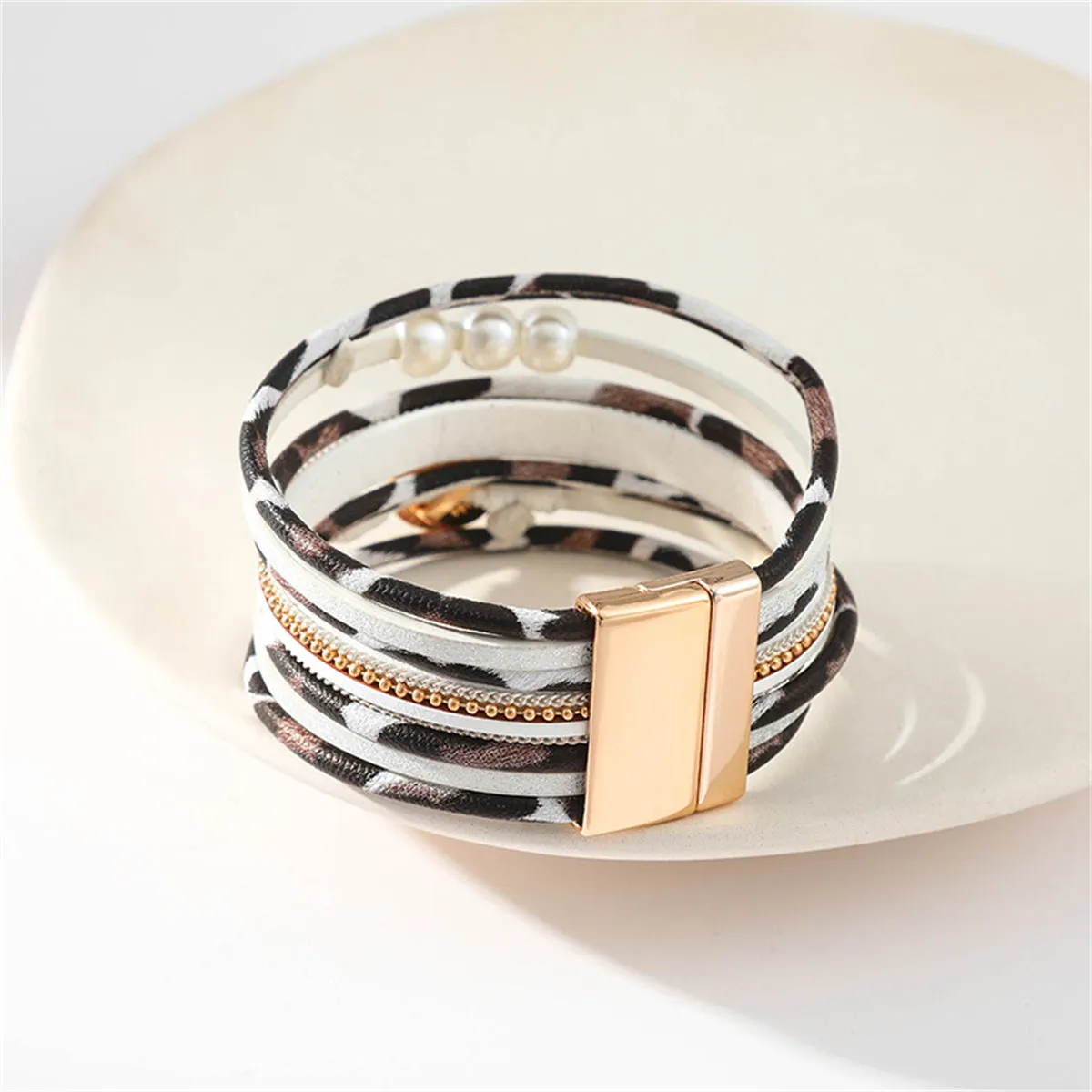 Pearl & Polystyrene 18K Gold-Plated Leopard-Print Layered Charm Bracelet