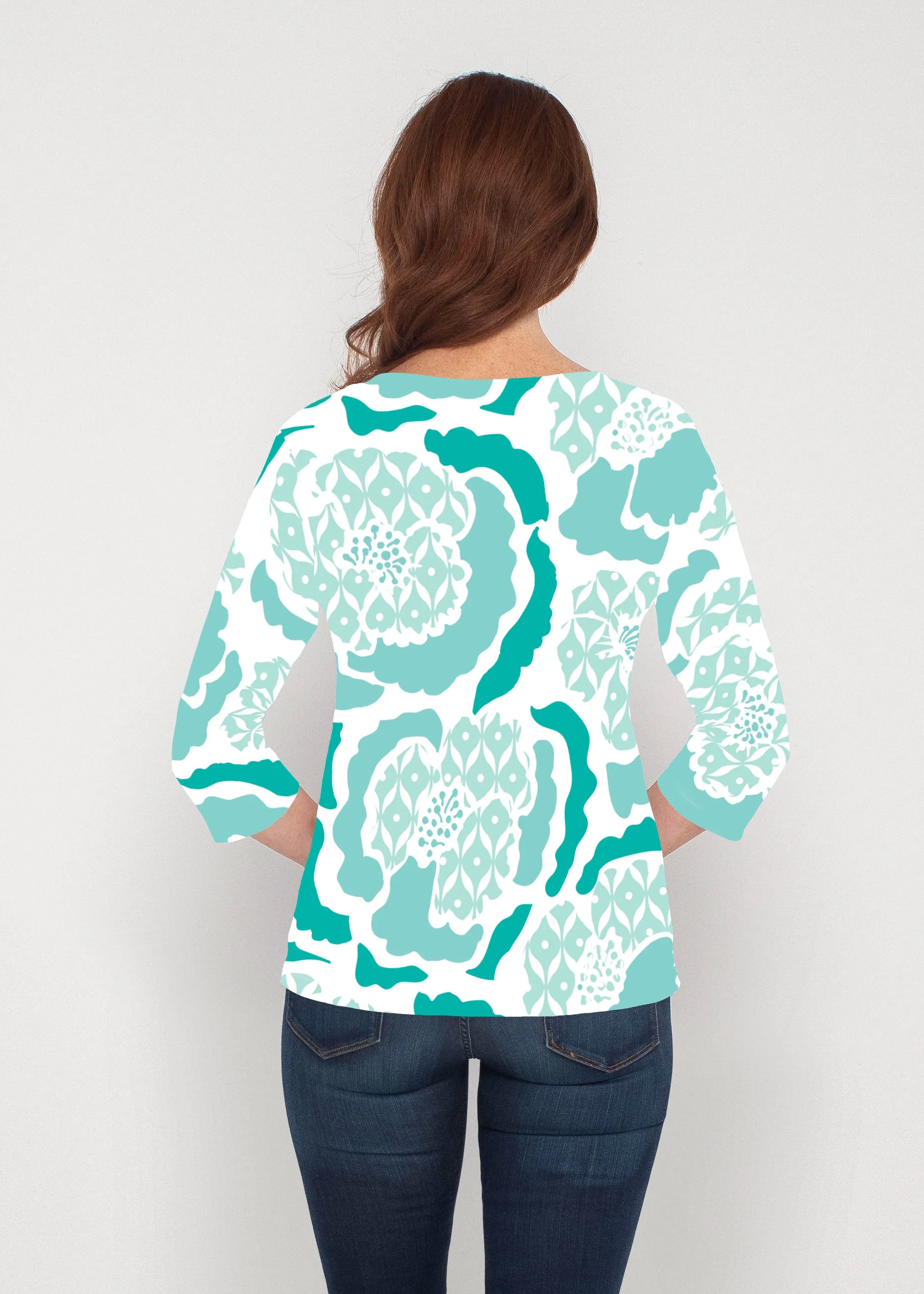 Peonies Aqua (8082) ~ Signature 3/4 Sleeve V-Neck Top