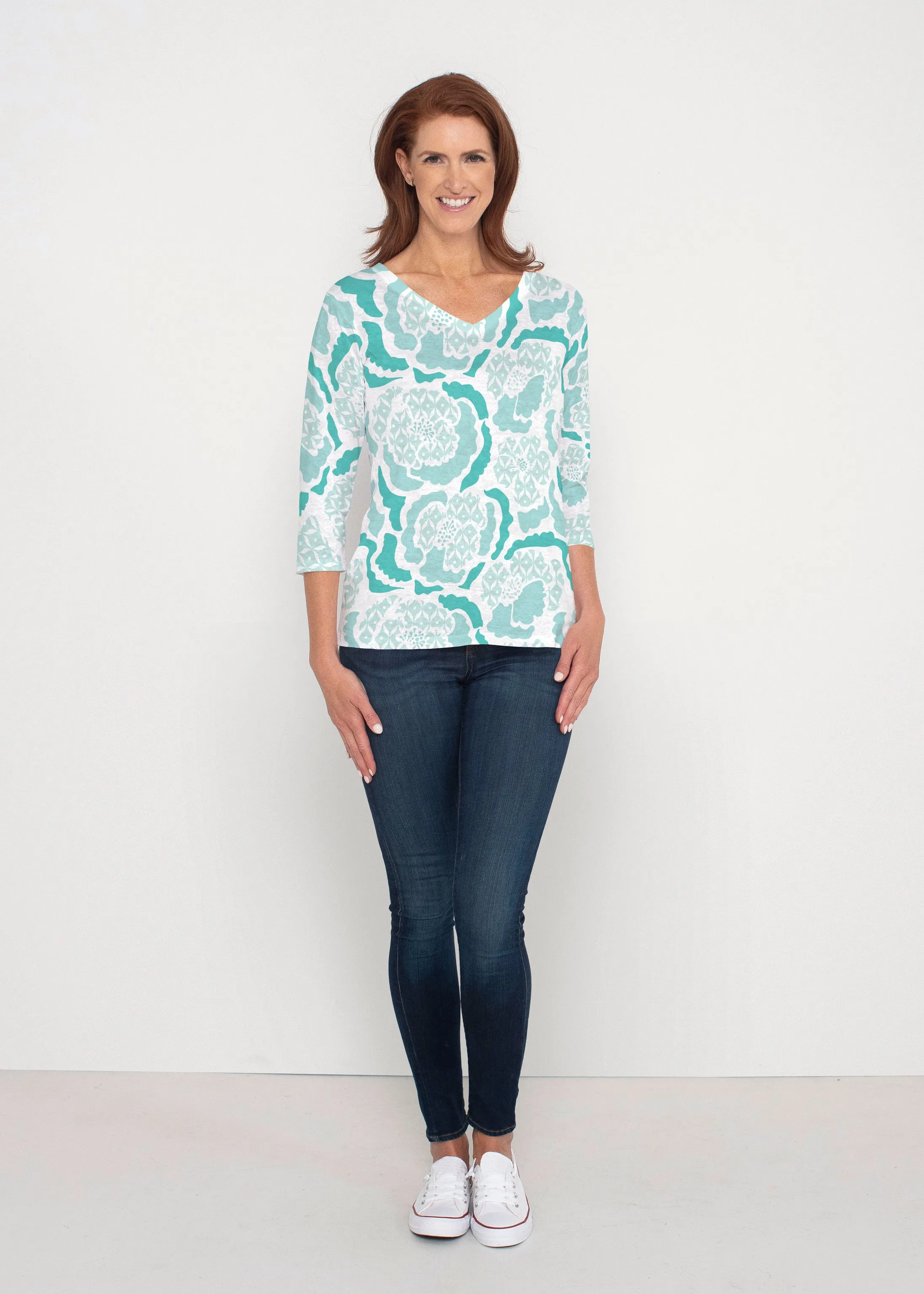 Peonies Aqua (8082) ~ Signature 3/4 Sleeve V-Neck Top