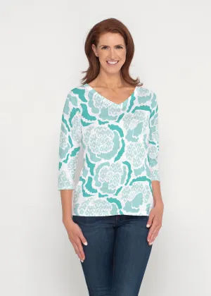 Peonies Aqua (8082) ~ Signature 3/4 Sleeve V-Neck Top