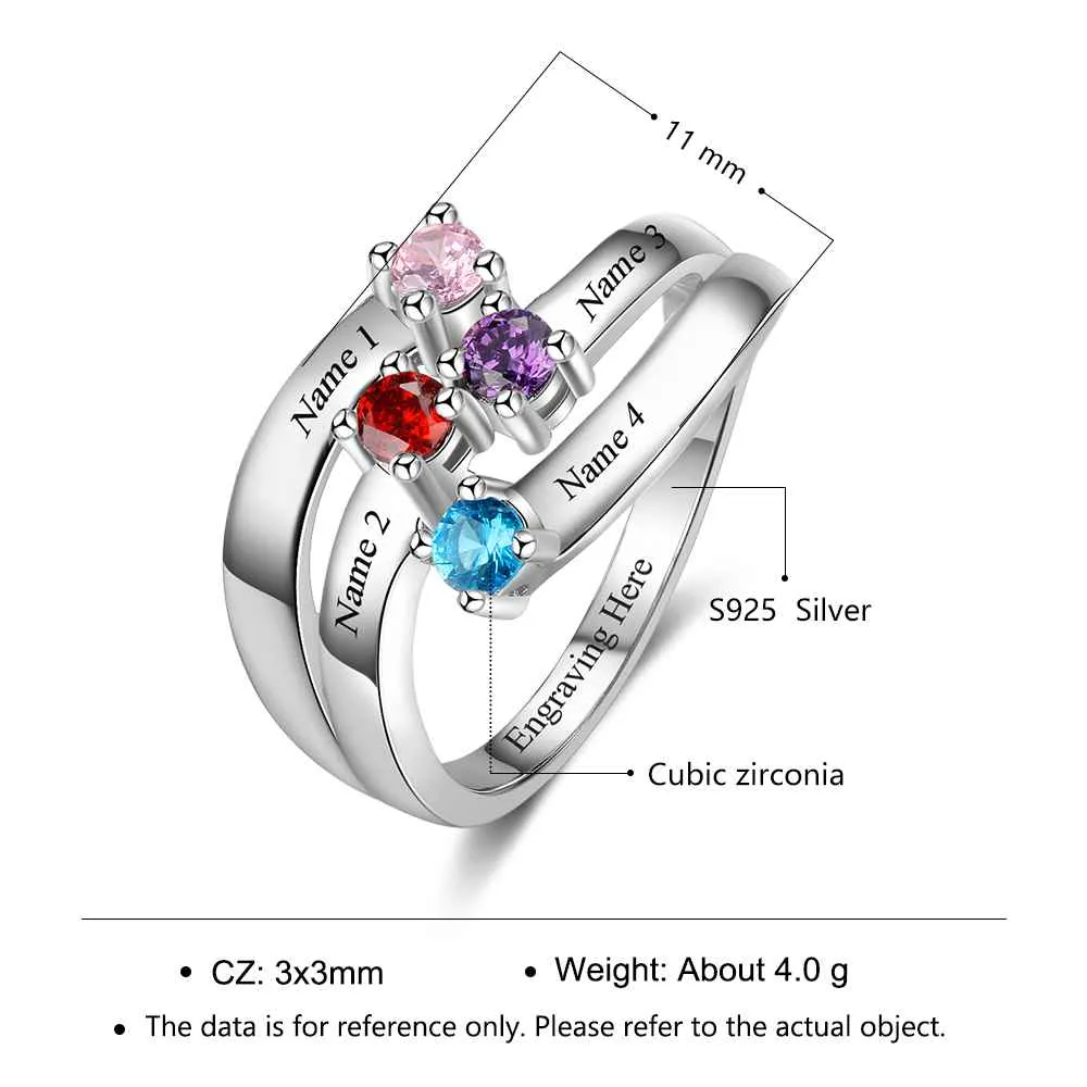 Personalized Gift for Friendship Engrave 4 Friends Name Birthstone Promise Rings 925 Sterling Silver Jewelry