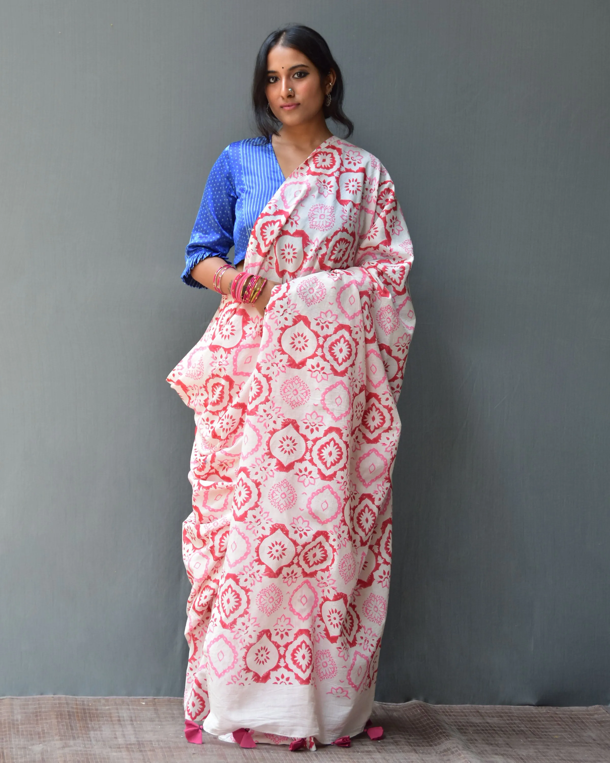 Phool Handblock Printed Mulmul Cotton Saree