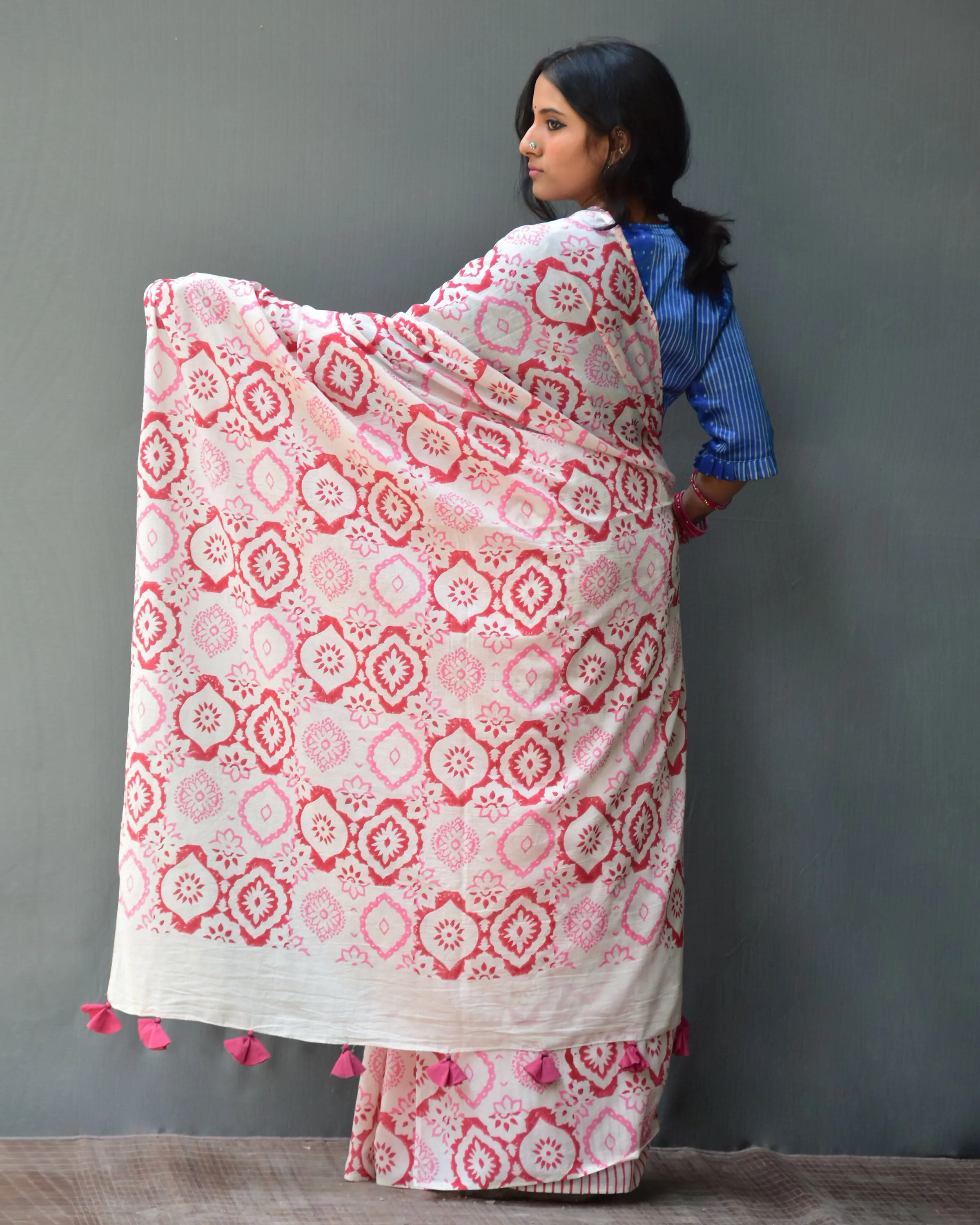 Phool Handblock Printed Mulmul Cotton Saree