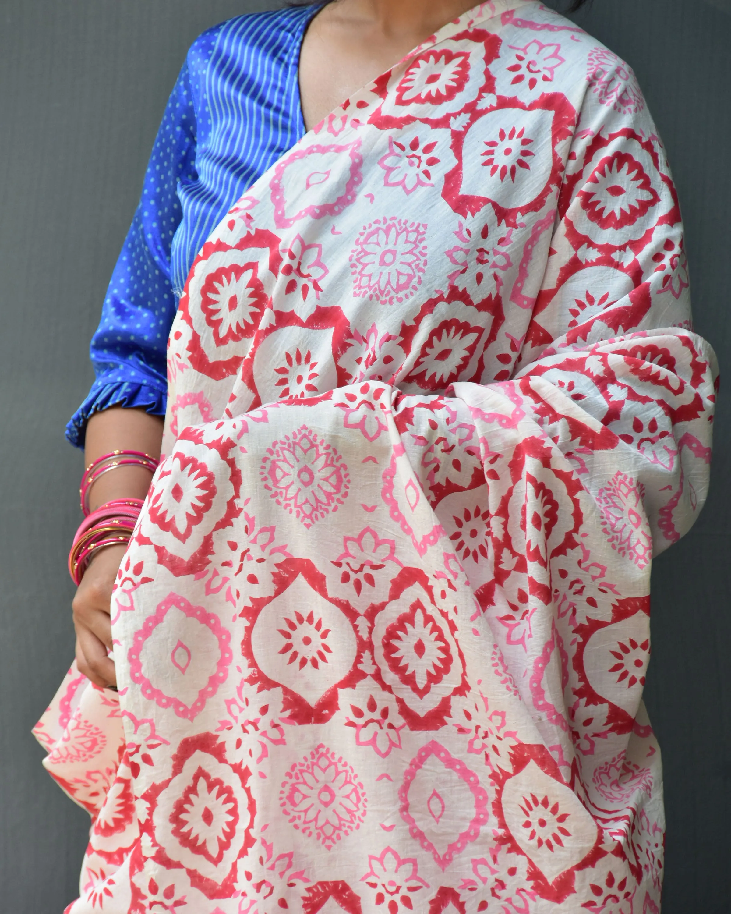 Phool Handblock Printed Mulmul Cotton Saree