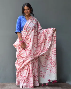 Phool Handblock Printed Mulmul Cotton Saree