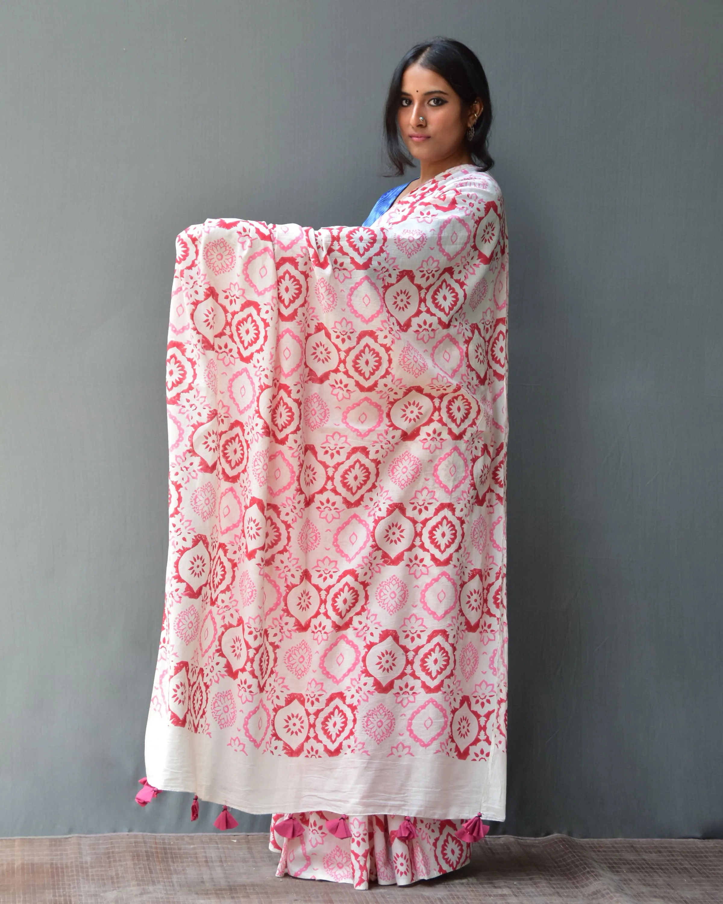 Phool Handblock Printed Mulmul Cotton Saree