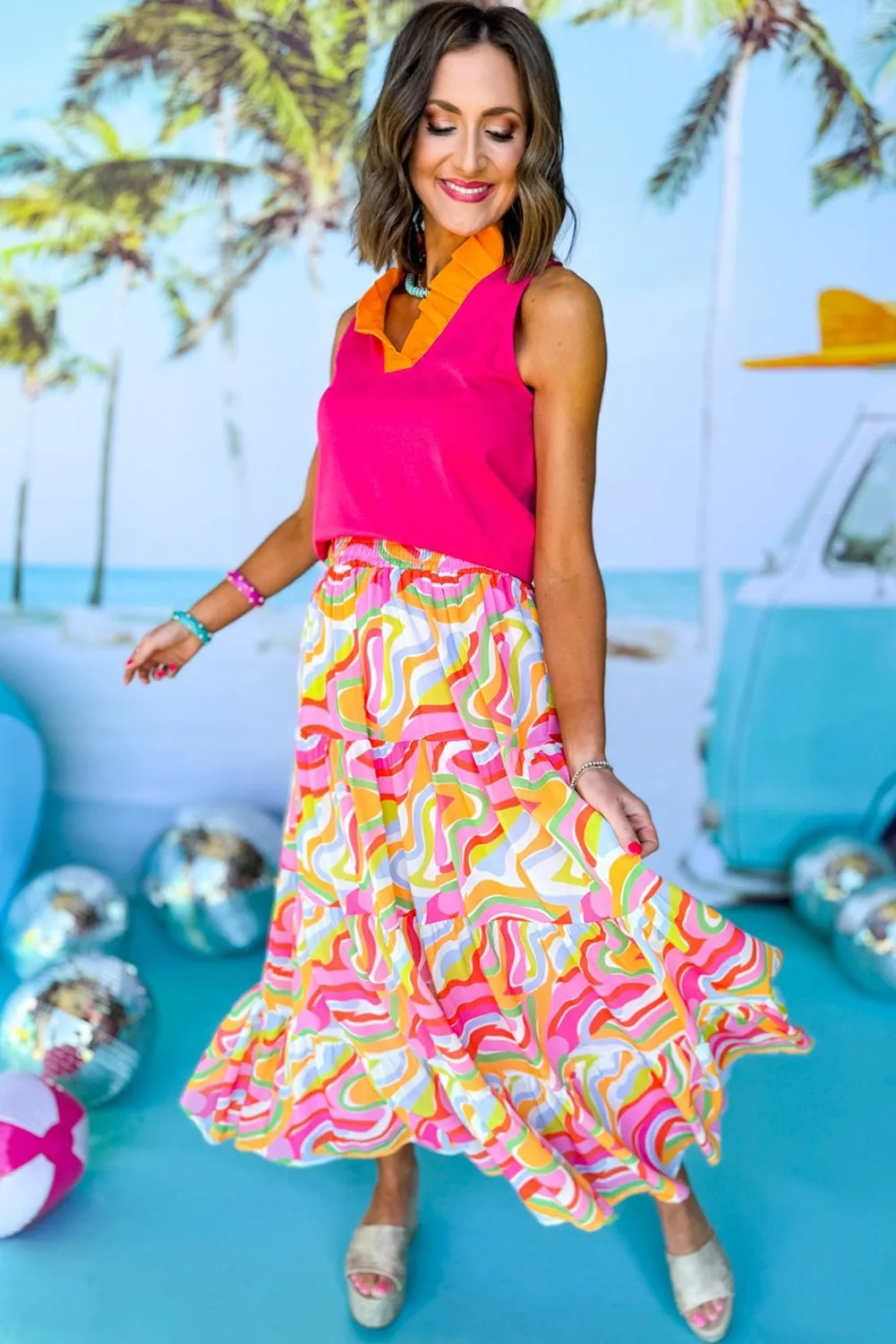 Pink Bohemian Print Tiered Flare Maxi Skirt
