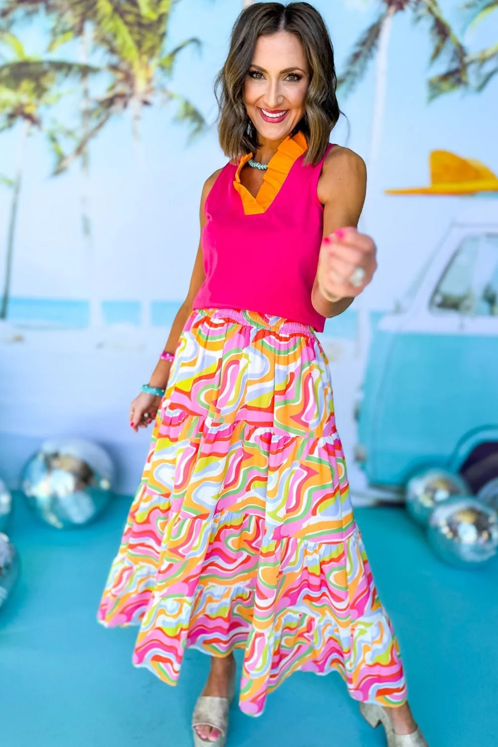 Pink Bohemian Print Tiered Flare Maxi Skirt