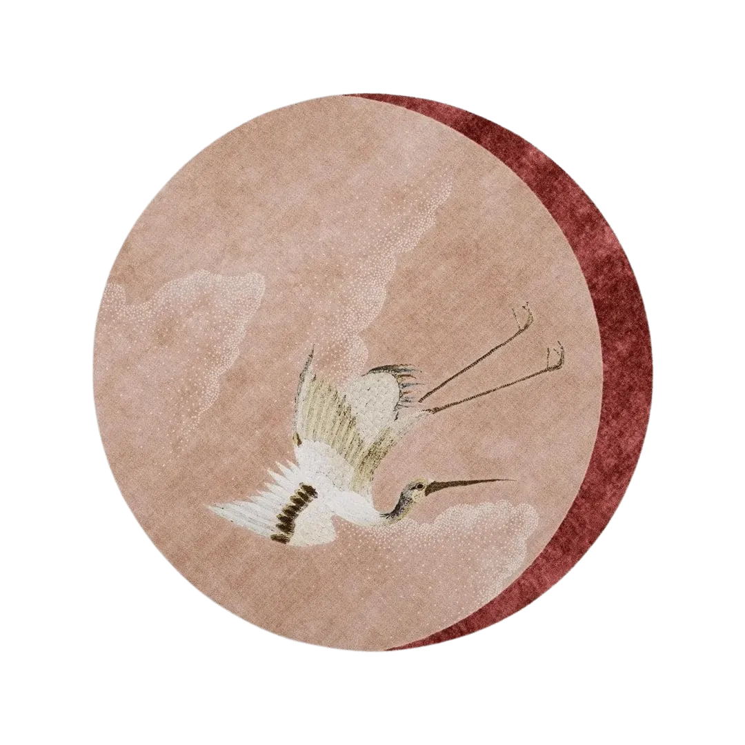 Pink Flying Japanese Cranes Hand Tufted Rug