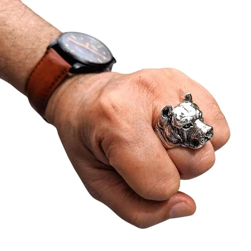 Pitbull Dog Sterling Silver Biker Ring