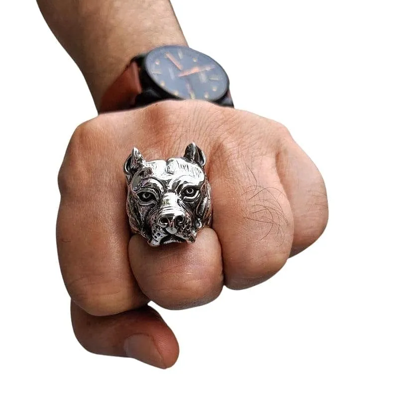 Pitbull Dog Sterling Silver Biker Ring