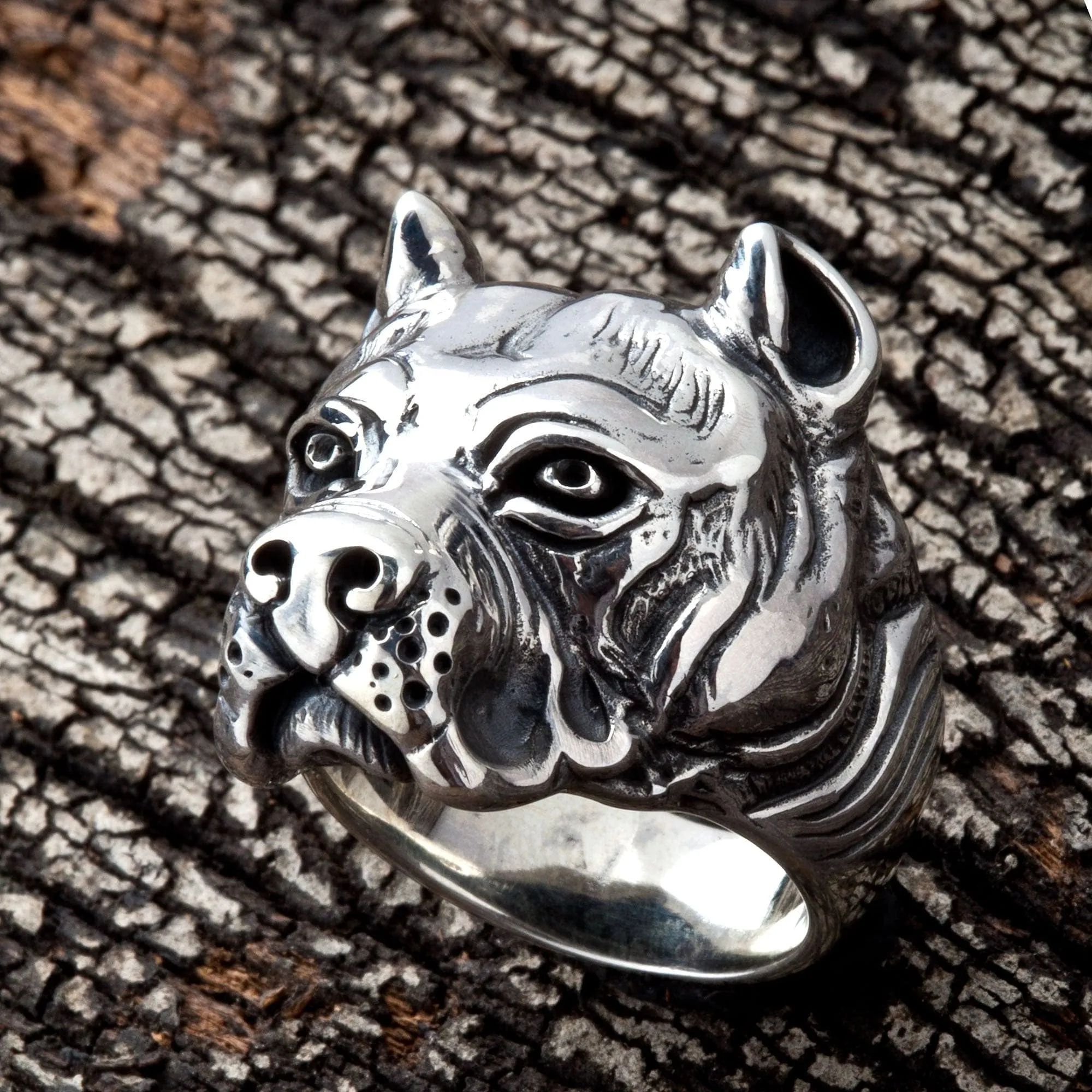 Pitbull Dog Sterling Silver Biker Ring
