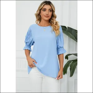 Pleated Flounce Sleeve Keyhole Blouse