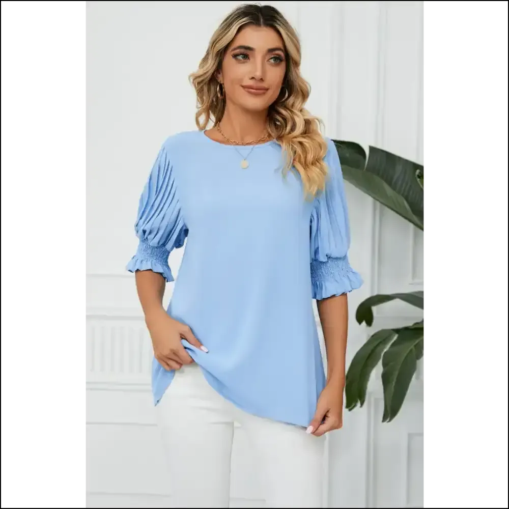 Pleated Flounce Sleeve Keyhole Blouse