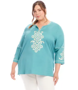 Plus Size 3/4 Sleeve Embroidered Tunic