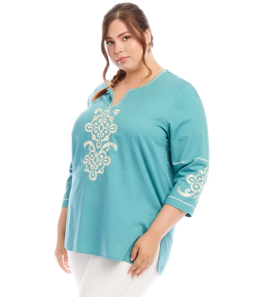 Plus Size 3/4 Sleeve Embroidered Tunic