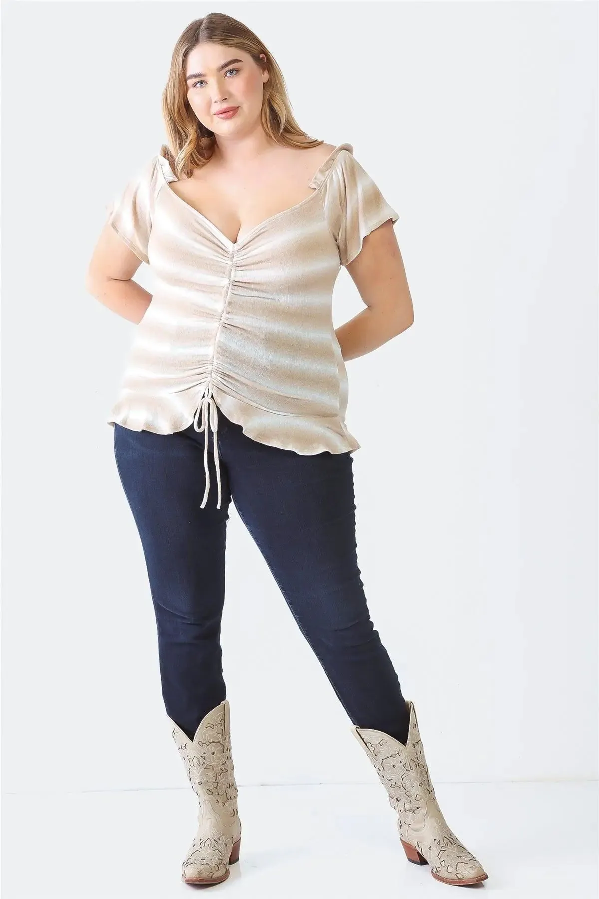 Plus Size Striped Taupe Ruffle Ruched Short Sleeve Top
