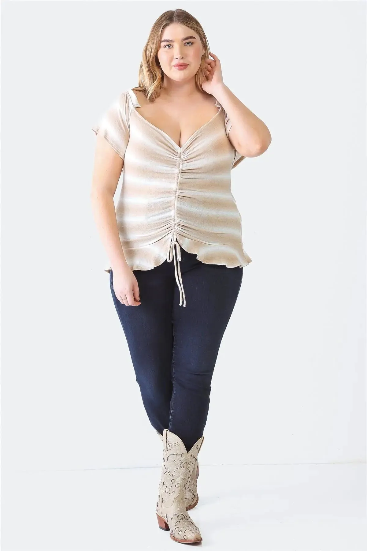 Plus Size Striped Taupe Ruffle Ruched Short Sleeve Top