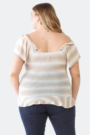 Plus Size Striped Taupe Ruffle Ruched Short Sleeve Top