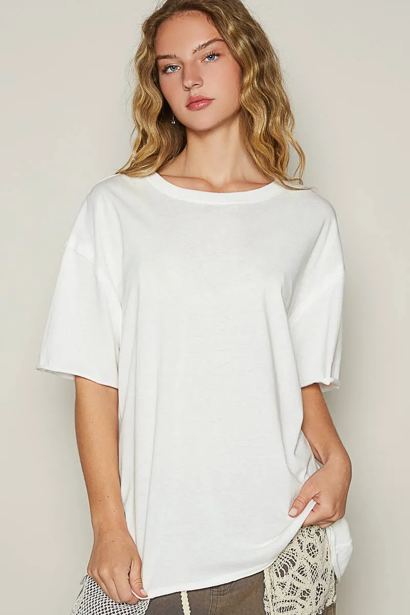POL Clothing Vintage Washed Round Neck Short Sleeve Basic Solid Top