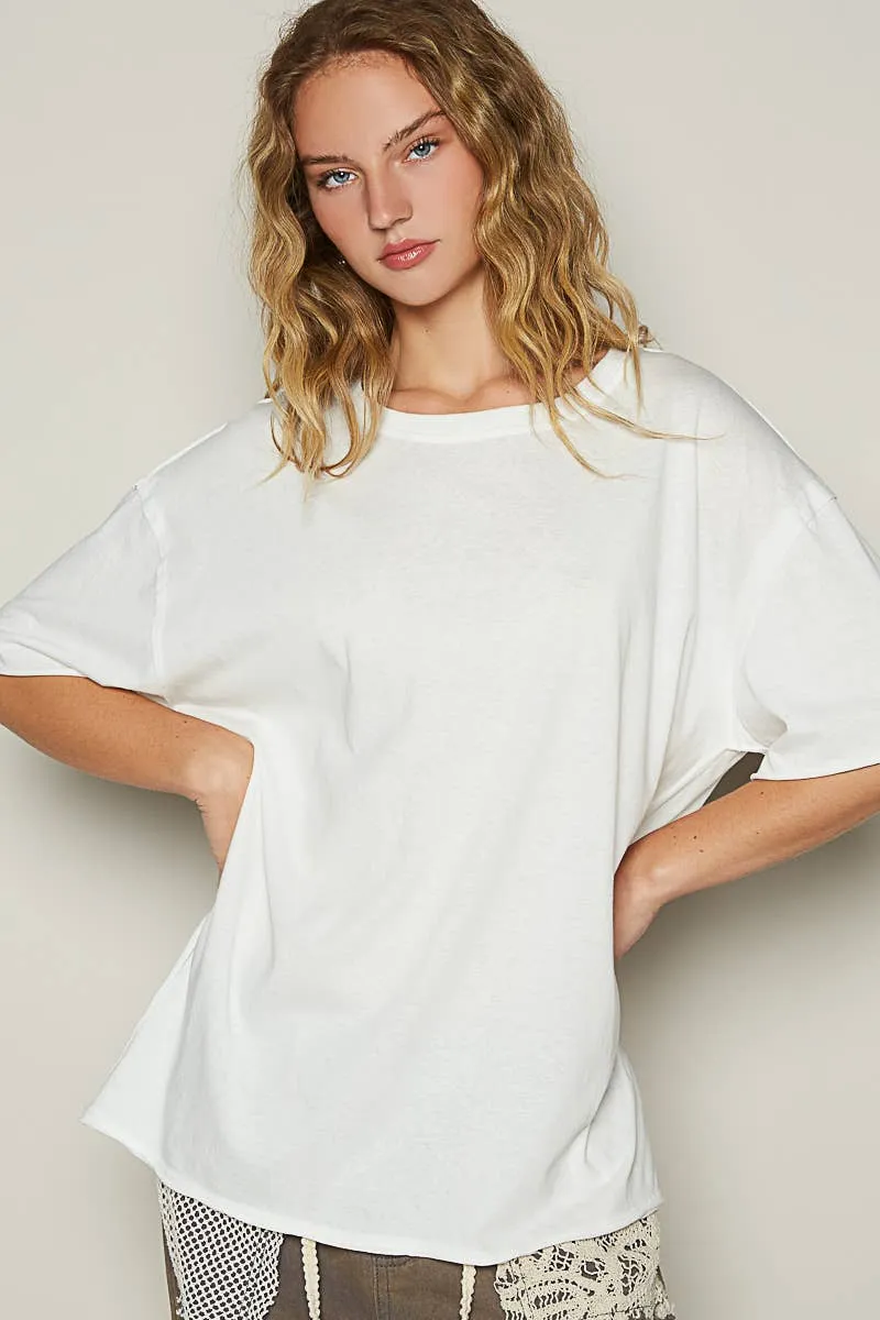 POL Clothing Vintage Washed Round Neck Short Sleeve Basic Solid Top
