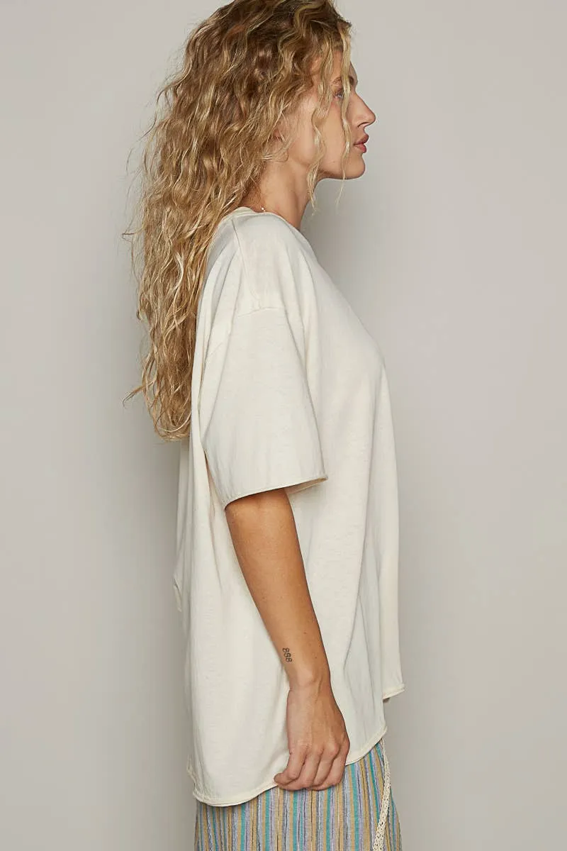 POL Clothing Vintage Washed Round Neck Short Sleeve Basic Solid Top