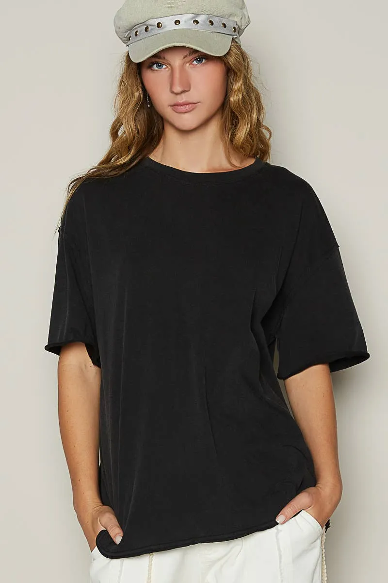 POL Clothing Vintage Washed Round Neck Short Sleeve Basic Solid Top