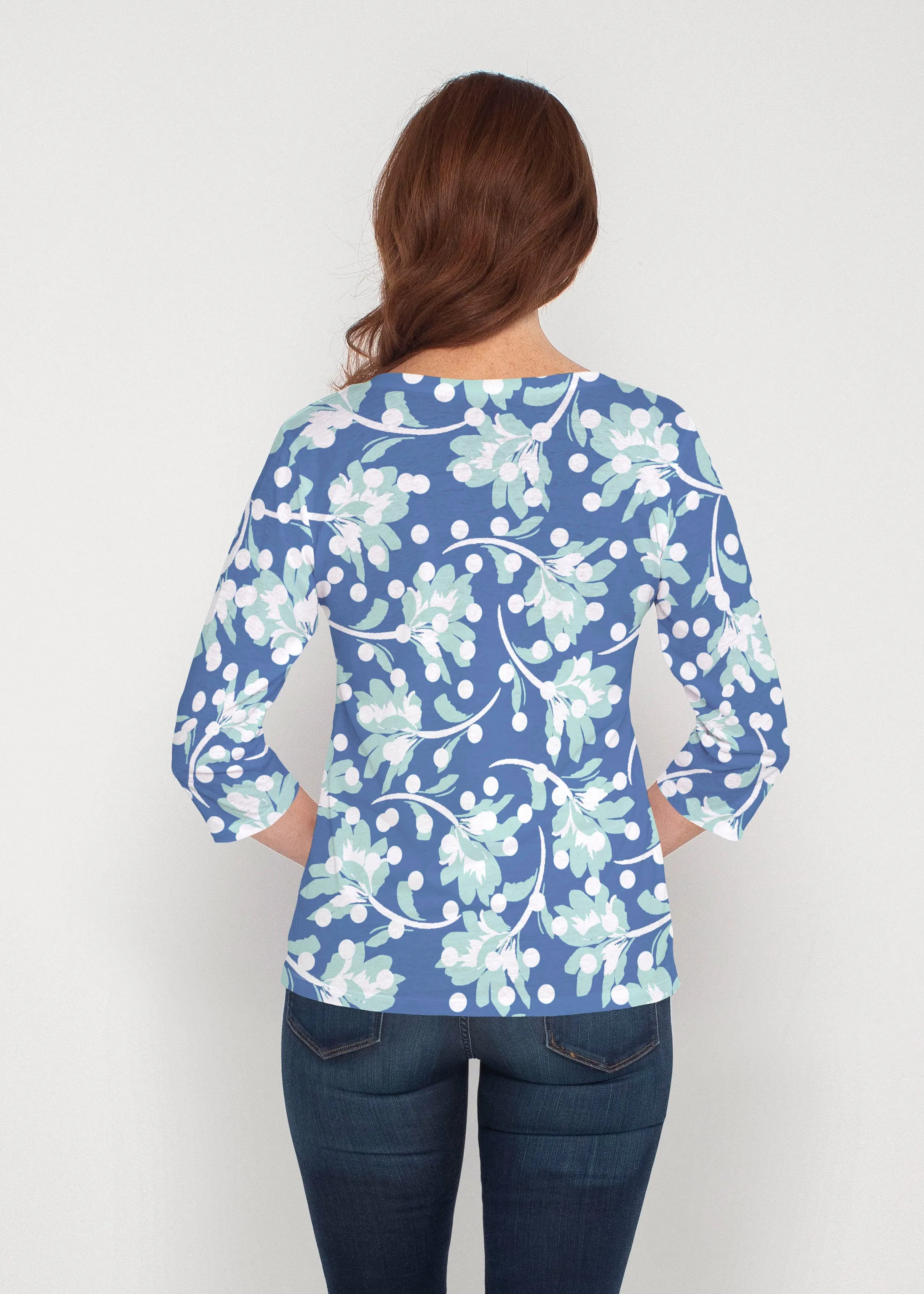 Polka Dot Floral Navy (7916) ~ Signature 3/4 Sleeve V-Neck Top